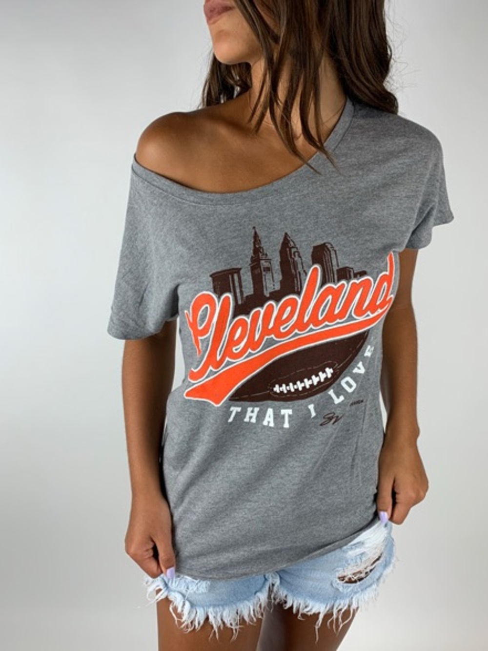 GV Art and Design Grey Off the Shoulder Cleveland Browns Shirt